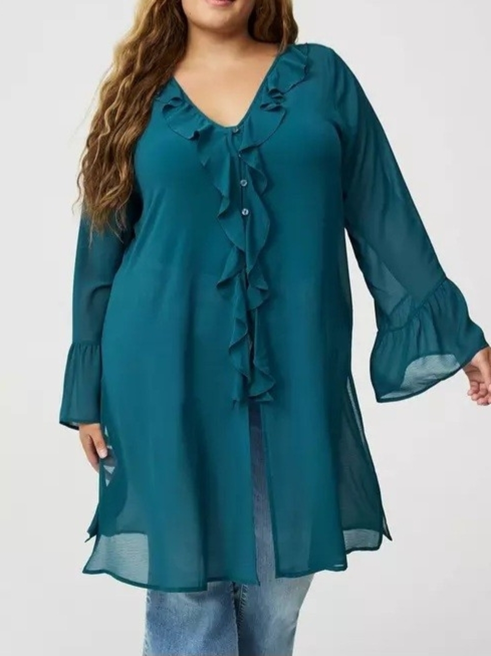 Torrid Plus V Neck Ruffle Front Long Sleeves Tunic Top, 2X, Teal